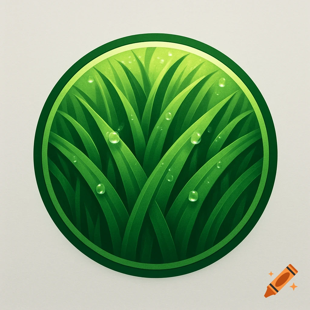 A vibrant green circular logo depicts lush grass blades covered in glistening water droplets.