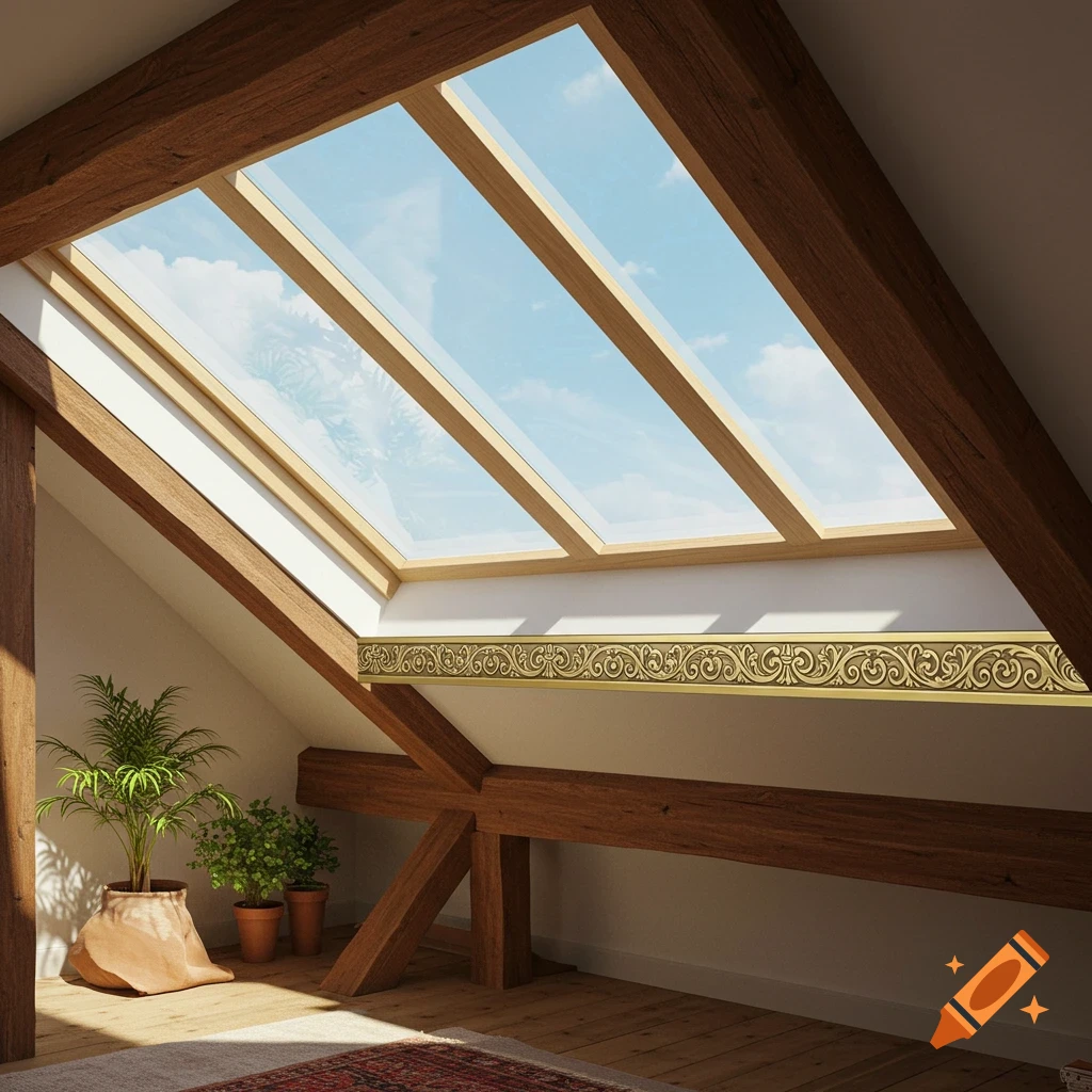 Photorealistic view of an attic room with large skylights, wooden beams, plants, and a decorative gold border below the windows.