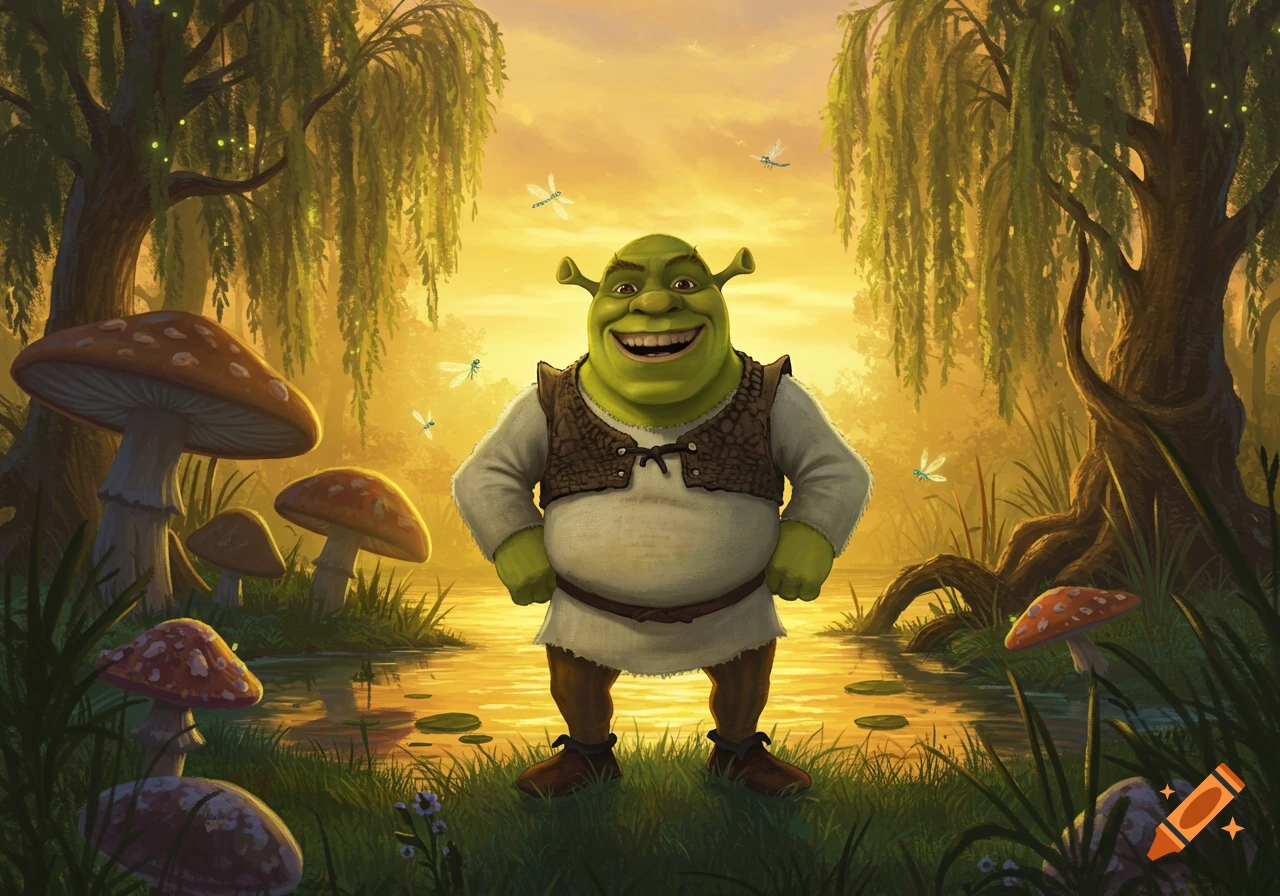 A smiling Shrek stands in a sunlit swamp surrounded by large mushrooms and willow trees.
