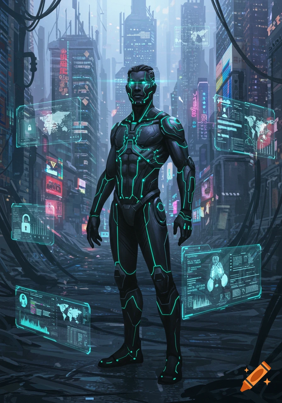 Man in a black and teal futuristic suit with glowing eyes, surrounded by holographic data screens in a cyberpunk city.