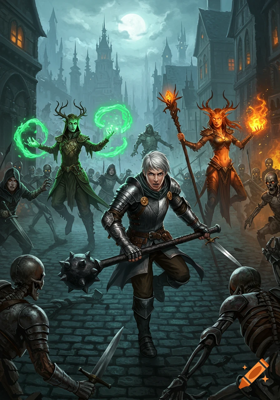 Fantasy heroes battle an army of undead skeletons in a dark, misty medieval city street.