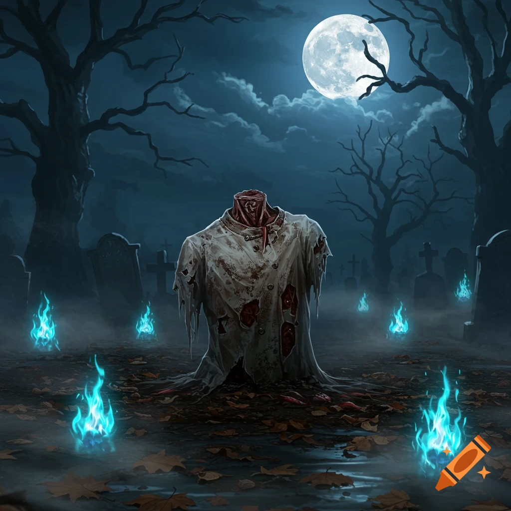 A headless, bloody torso rises from the ground in a spooky graveyard at night under a full moon, surrounded by blue flames.