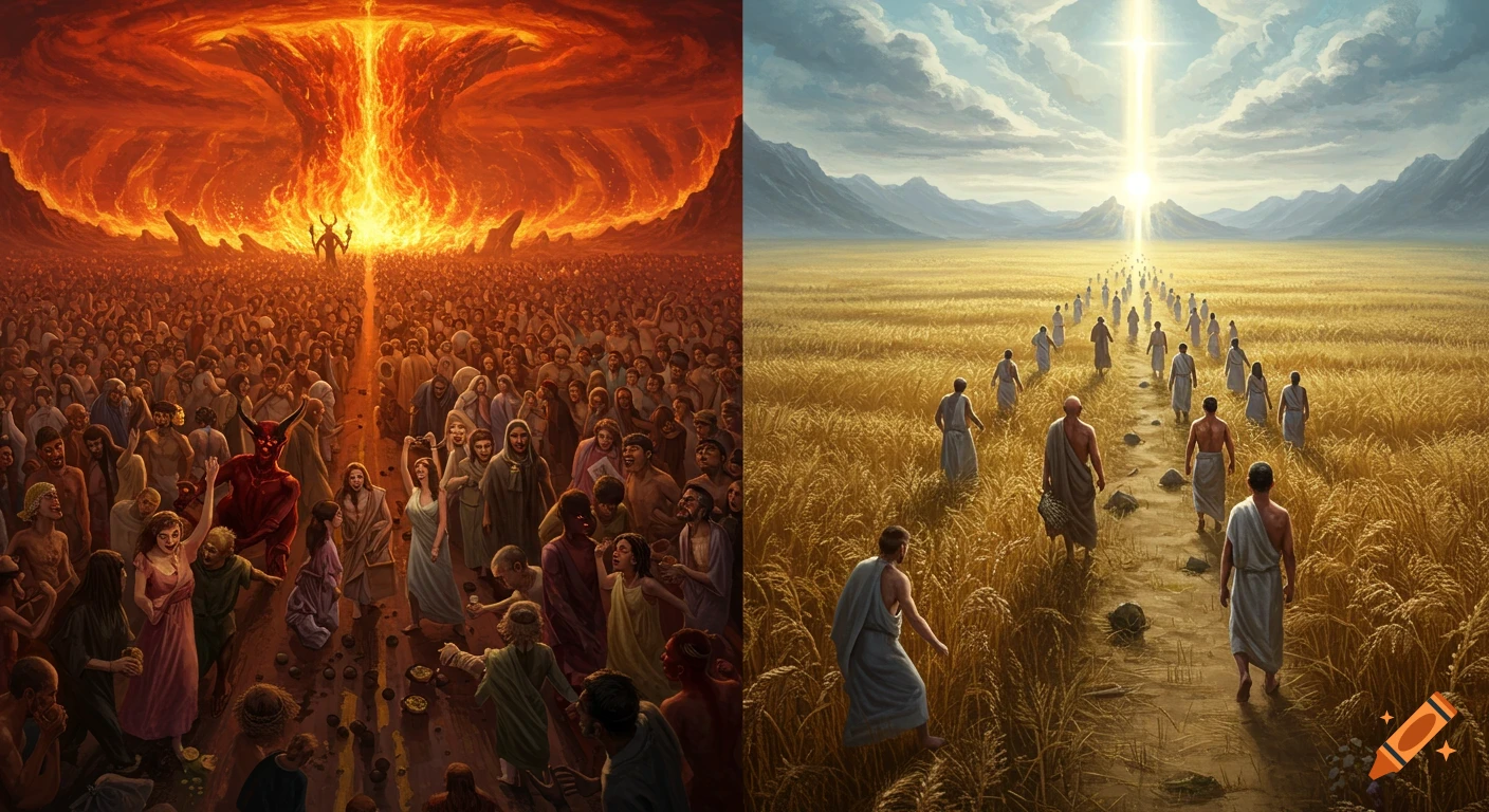 A digital painting showing two paths: one crowded with revelers and demons leading to fire, the other with robed figures walking towards a bright light through golden fields.