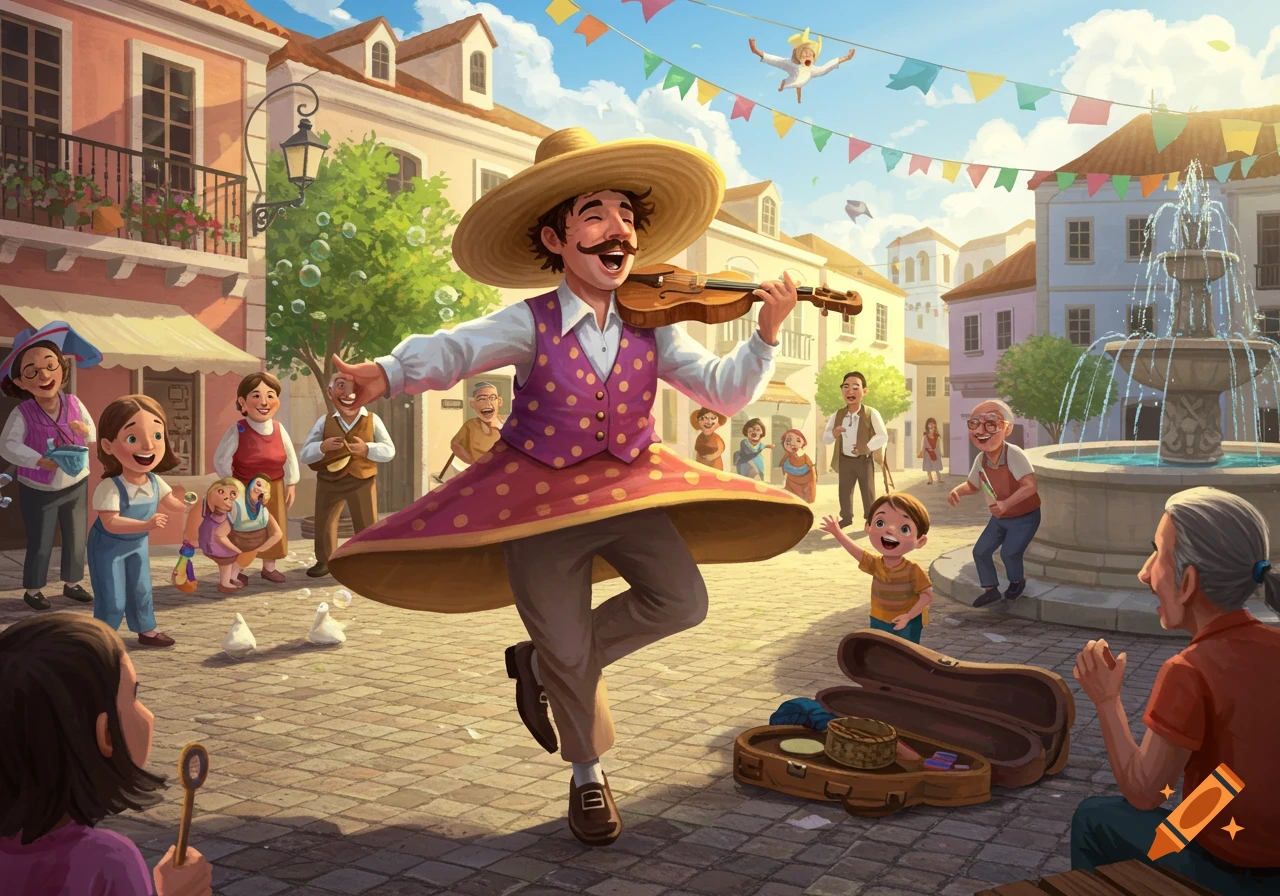 A joyful musician plays violin in a bustling town square, surrounded by smiling people and colorful buildings, in an illustrative style.