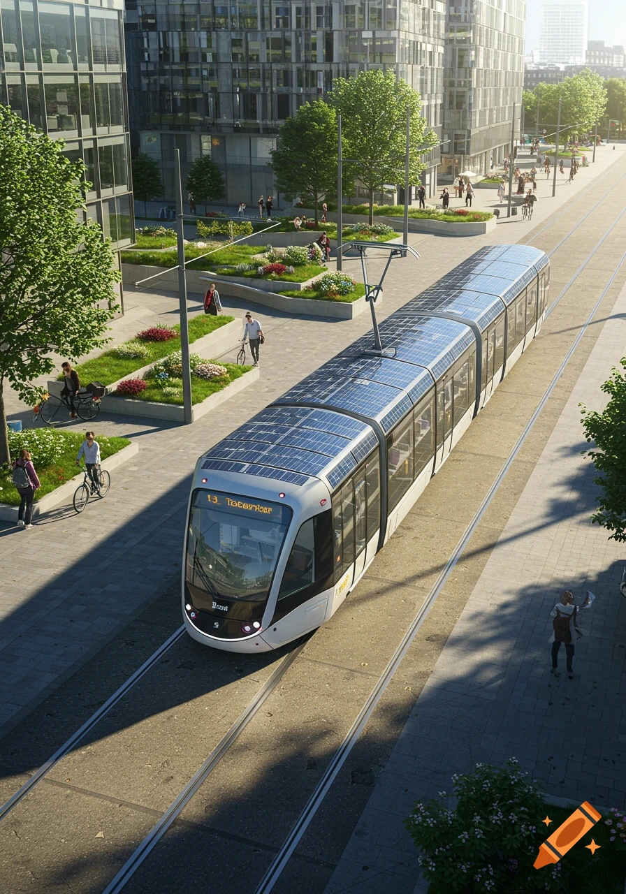 Photorealistic view of a modern tram with solar panels on its roof, traveling through a green urban environment with tall glass buildings.