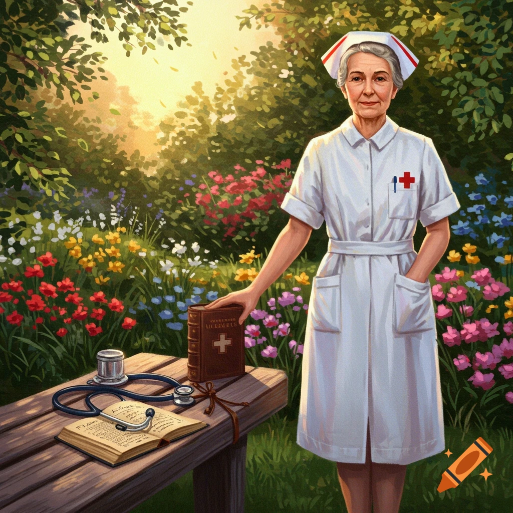 A painting of an older nurse in a white uniform standing in a vibrant flower garden, with her hand resting on a book on a wooden bench beside a stethoscope and an open book.
