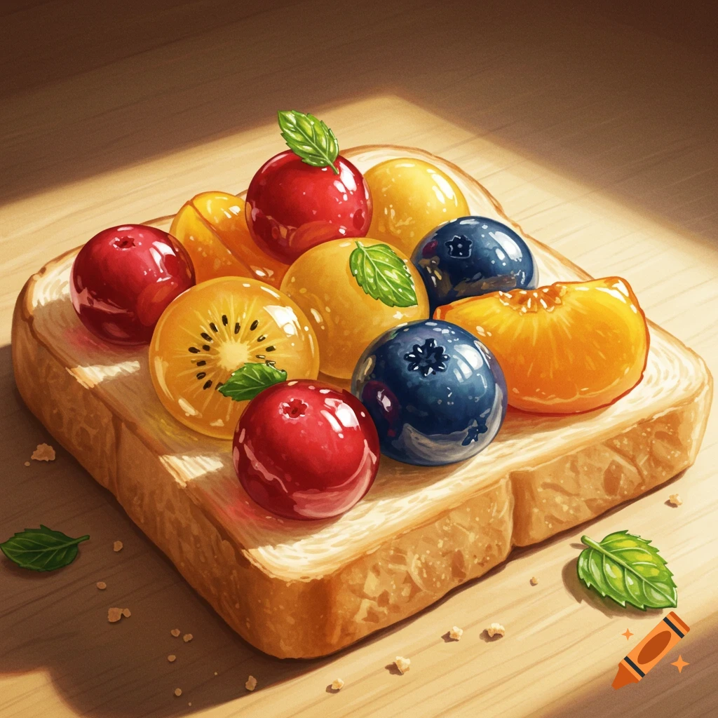 Toast topped with shiny, glass-like blueberries, cherries, kiwi slices, and peach segments.