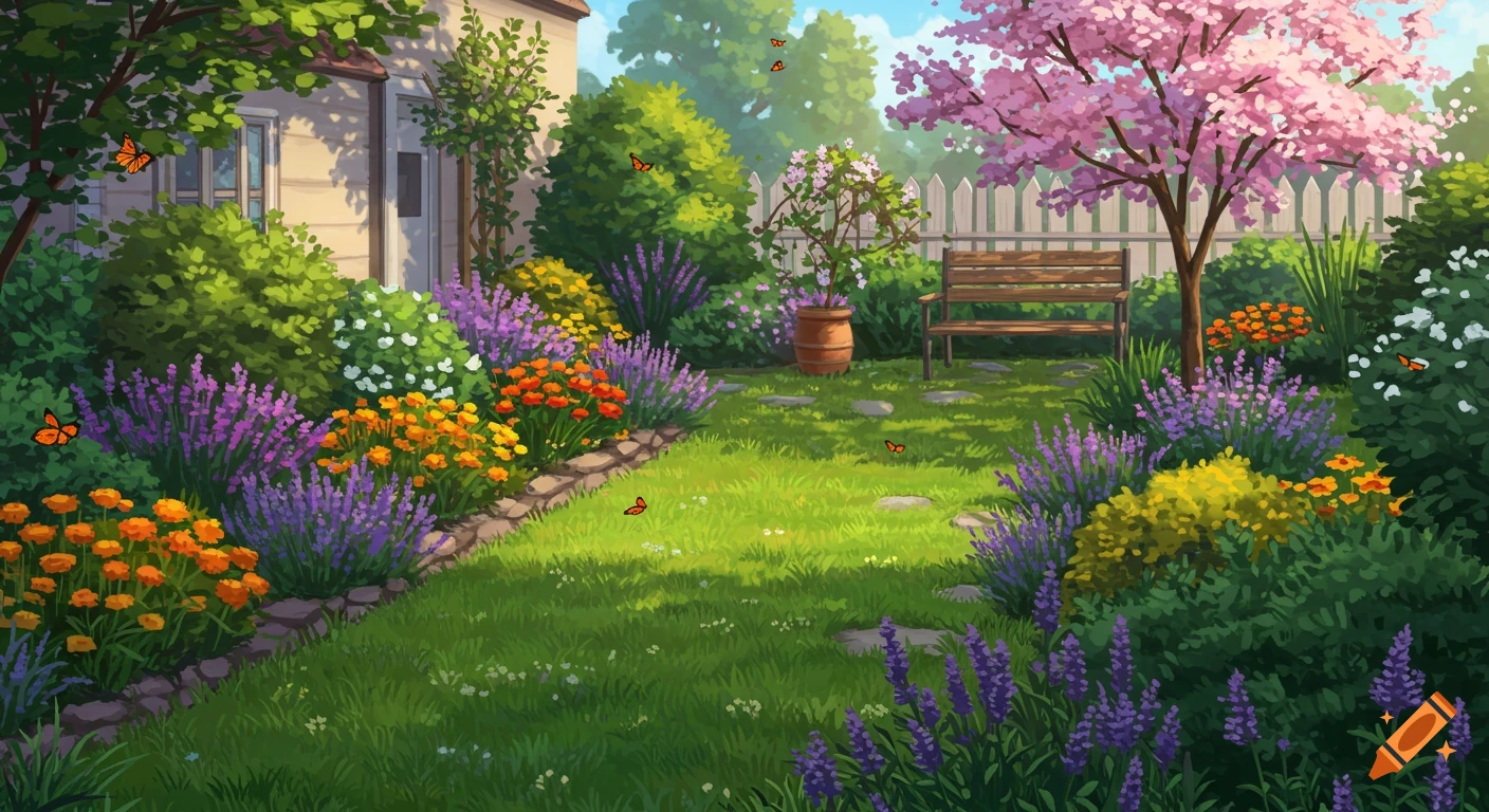 Vibrant cartoon-style garden with colorful flowers, green lawn, trees, a wooden bench, and a house.