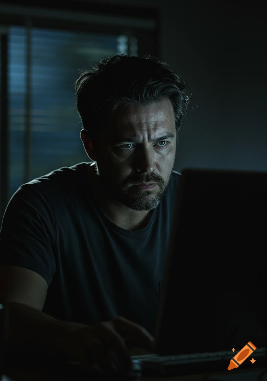 A man with a beard and tired eyes intensely looks at a glowing laptop screen in a dark room; photorealistic style.