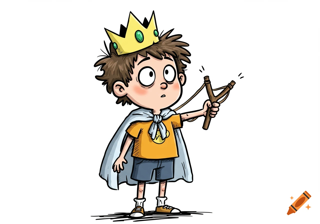 A cartoon boy dressed as a king in a crown and cape holds a slingshot.