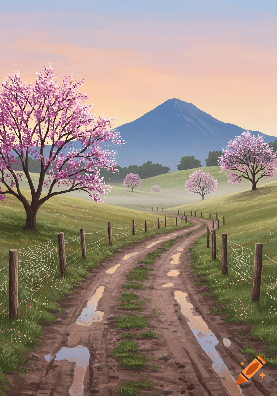 Digital painting of a muddy country road winding through green hills with pink blossoming trees, leading to a large blue mountain at sunset.