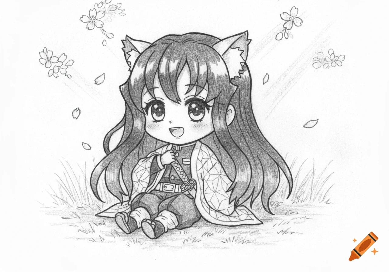 Black and white sketch of a cute chibi anime character with cat ears, sitting on the ground with cherry blossoms.