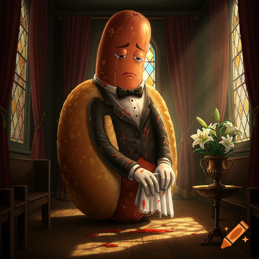 A crying anthropomorphic hot dog man in a blood-stained tuxedo holds a handkerchief, standing in a somber church with blood on the floor.