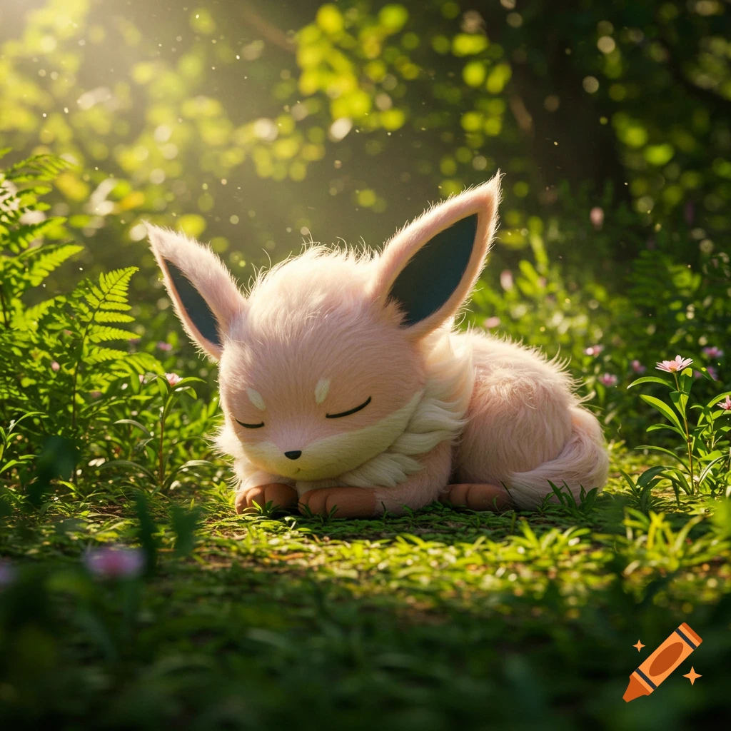 A fluffy, light pink Eevee-like Pok atmon sleeps peacefully in a lush, sunlit forest clearing with small pink flowers.