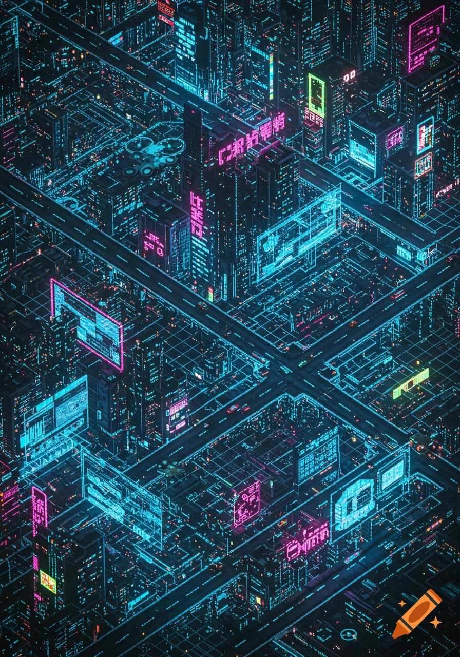 An intricate isometric pixel art map of a futuristic cyberpunk city at night, glowing with neon blue and pink lights.