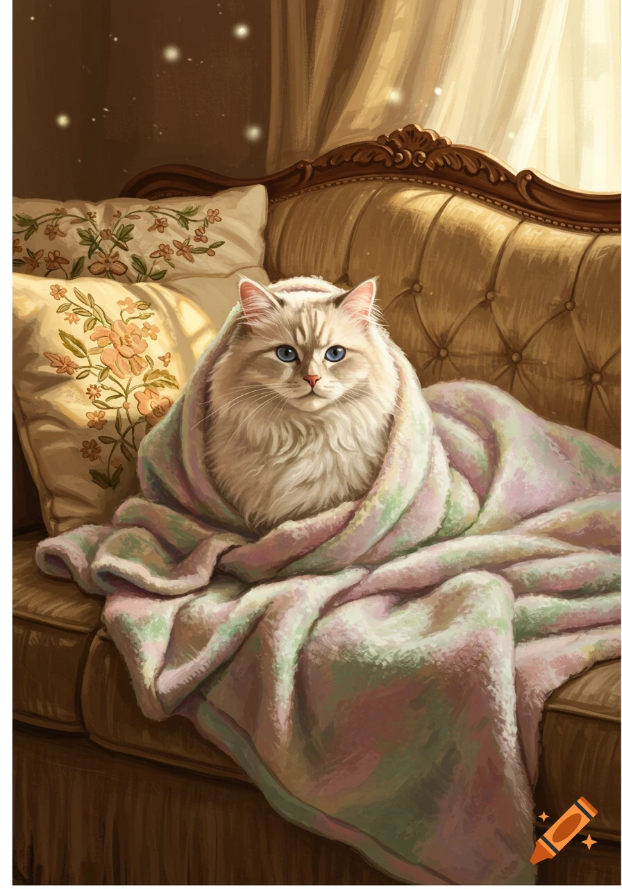 A fluffy white cat with blue eyes is wrapped in a pastel blanket, sitting on a tufted brown sofa with floral pillows.