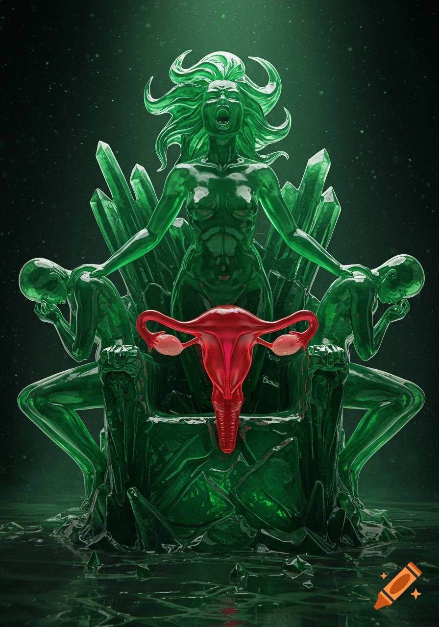 Stylized emerald green glass woman screams from a crystal throne, holding a red glass uterus, flanked by two crouching figures.