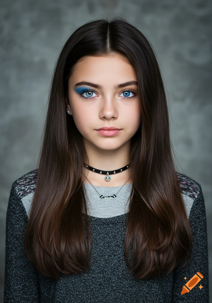 Close-up portrait of a young girl with long dark hair, blue eyes with blue eyeshadow, wearing a gray sweater and a studded choker necklace.