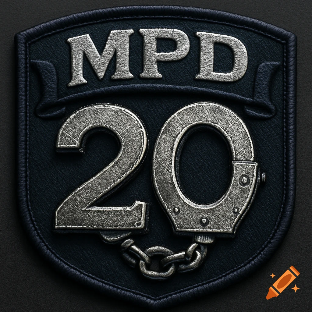 A stylized police patch featuring 'MPD' on a banner and '20' below, with the zero depicted as a silver handcuff.
