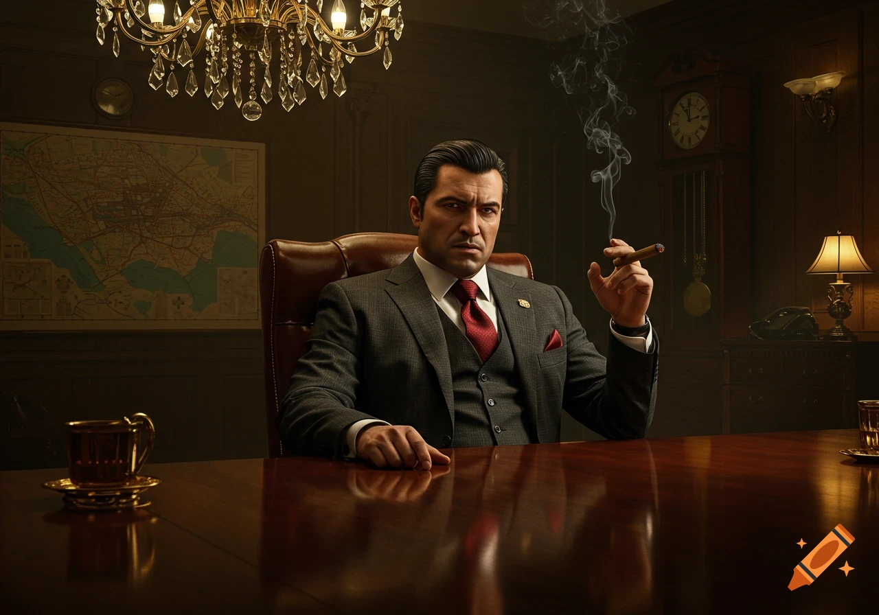 A serious man in a suit and tie sits at a large desk, holding a lit cigar, in a dimly lit, luxurious office with a chandelier.