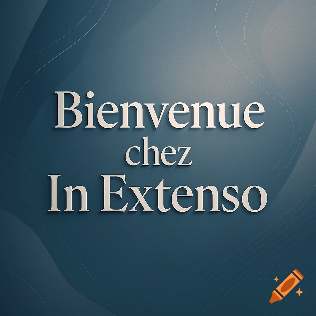 A blue wall with the white text "Bienvenue chez In Extenso" in a corporate style.