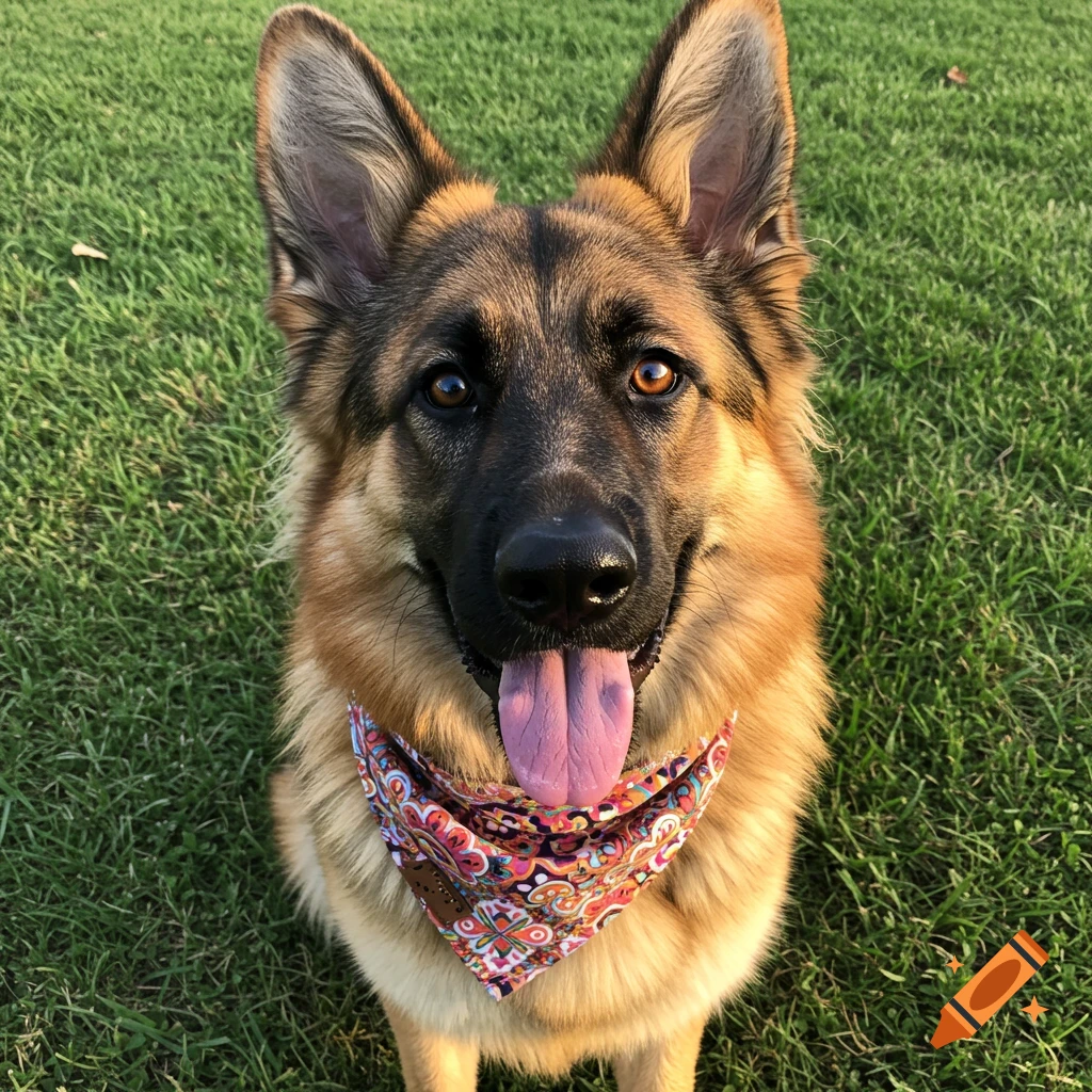 Photorealistic close-up of a friendly German Shepherd dog wearing a patterned bandana, sitting in green grass.
