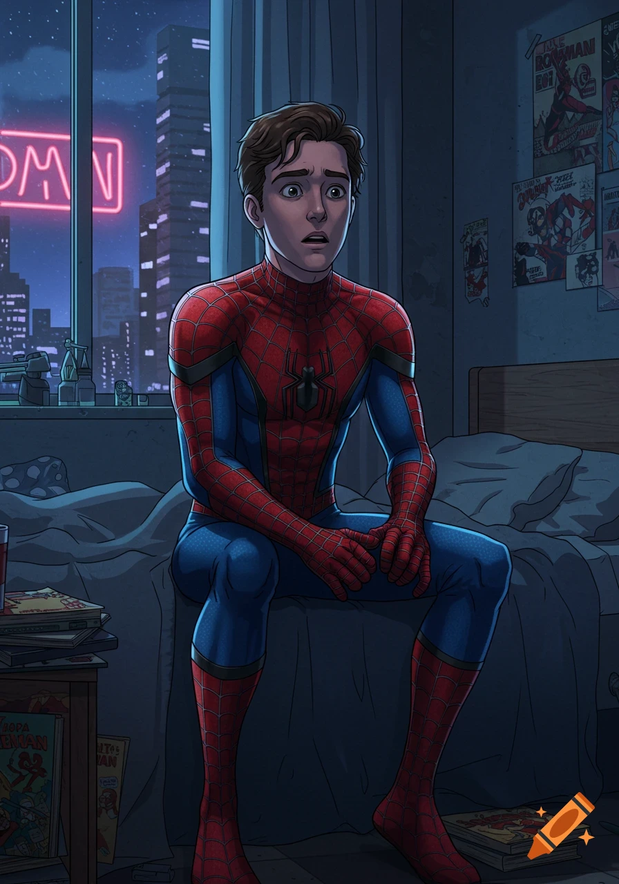 Cartoon of Peter Parker as Spider-Man, looking surprised while sitting on a bed in a city apartment at night.