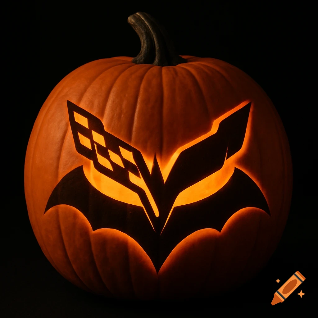 A carved pumpkin with an illuminated Corvette logo resembling a bat against a black background.