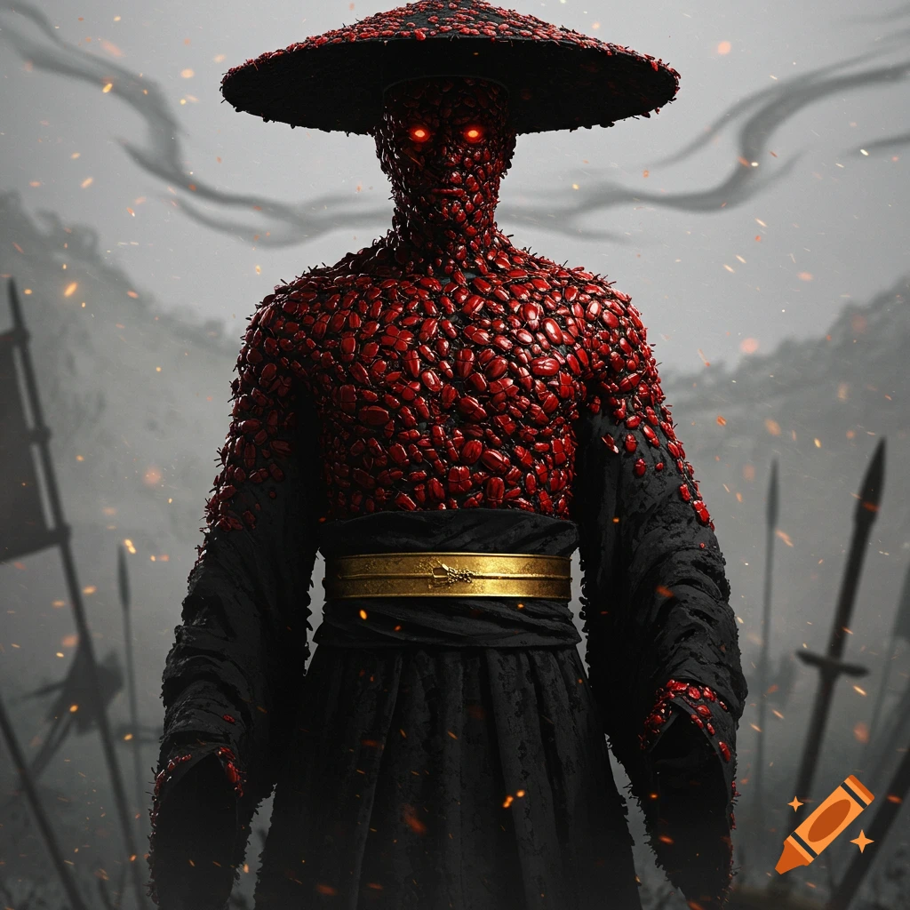 A warrior figure made of red beetles, wearing black robes, a golden belt, and a conical hat, with glowing red eyes in a dark, smoky battlefield.