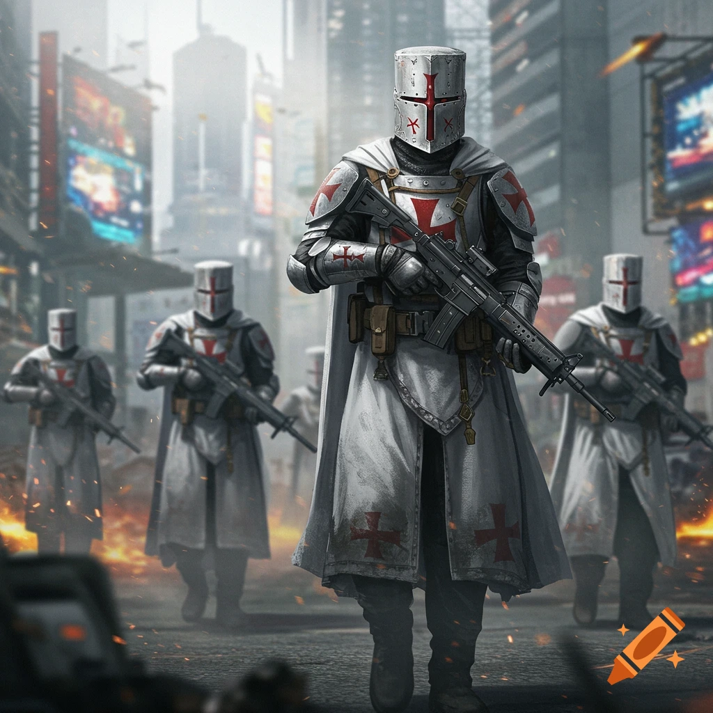 Digital art of Knights Templar soldiers with modern guns patrolling a futuristic cyberpunk city street.