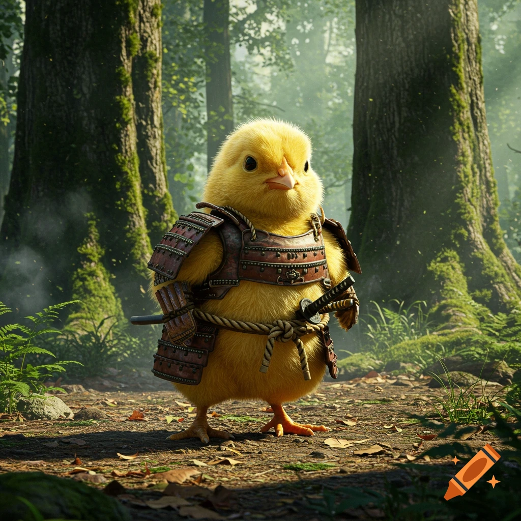 A photorealistic fluffy yellow chick dressed as a samurai stands in a lush, mossy forest.