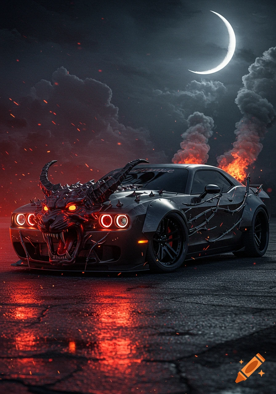 A custom black sports car with a demonic front, horns, and glowing red eyes sits on a wet road, surrounded by fire and smoke under a dark, moonlit sky.