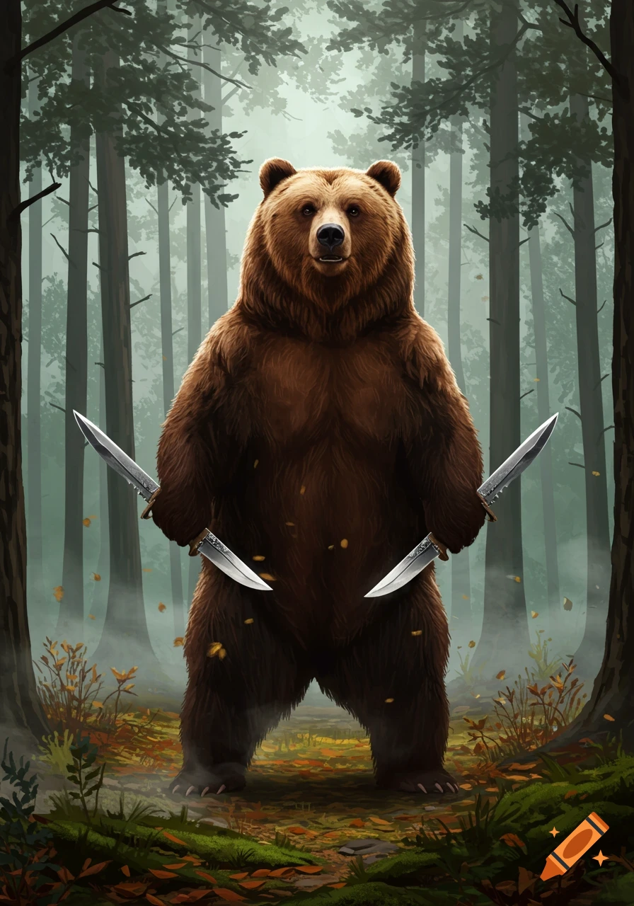A brown bear stands bipedally in a misty forest, holding two large knives in its paws, in an illustrative style.