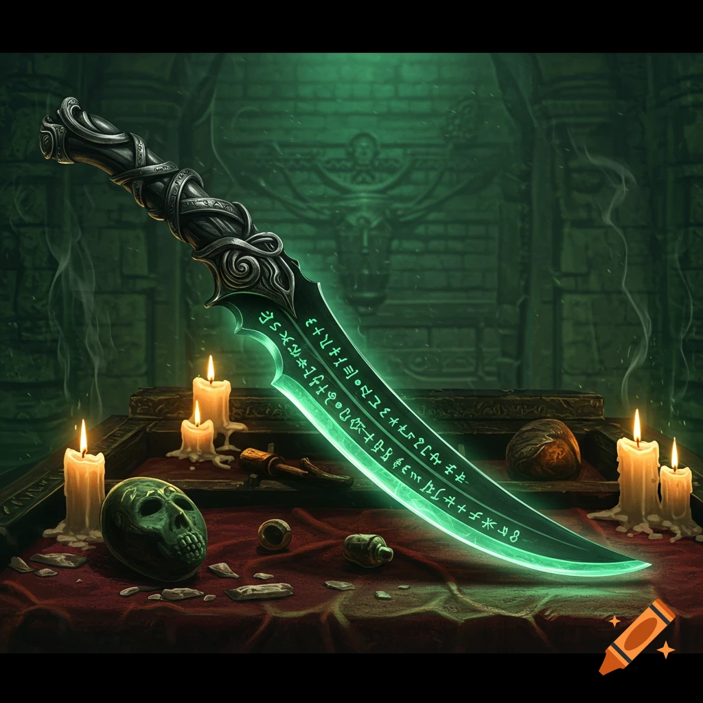 An intricately carved, glowing emerald ceremonial knife with a dark silver handle rests on a red cloth-covered altar with lit candles and a skull, in a mystical, dark green room.