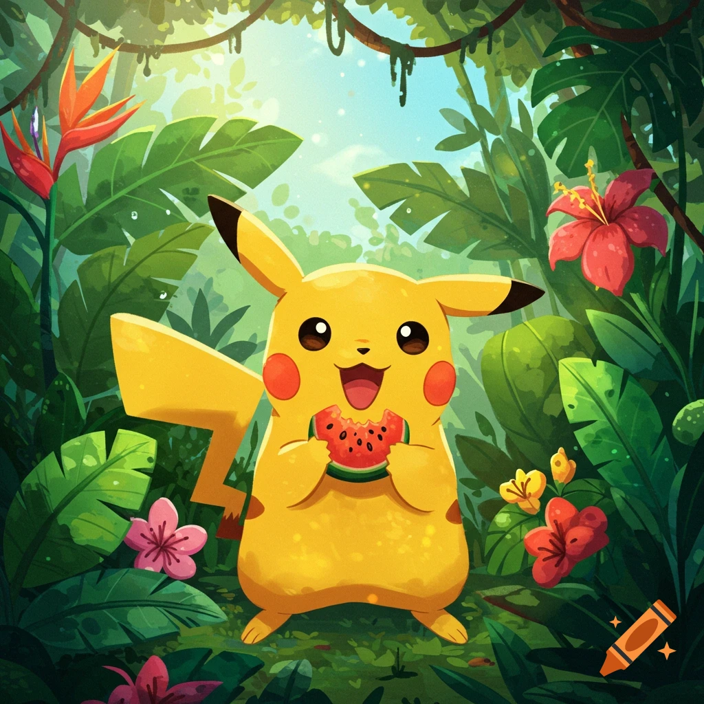 A happy Pikachu in a vibrant, lush jungle, holding and eating a slice of watermelon.