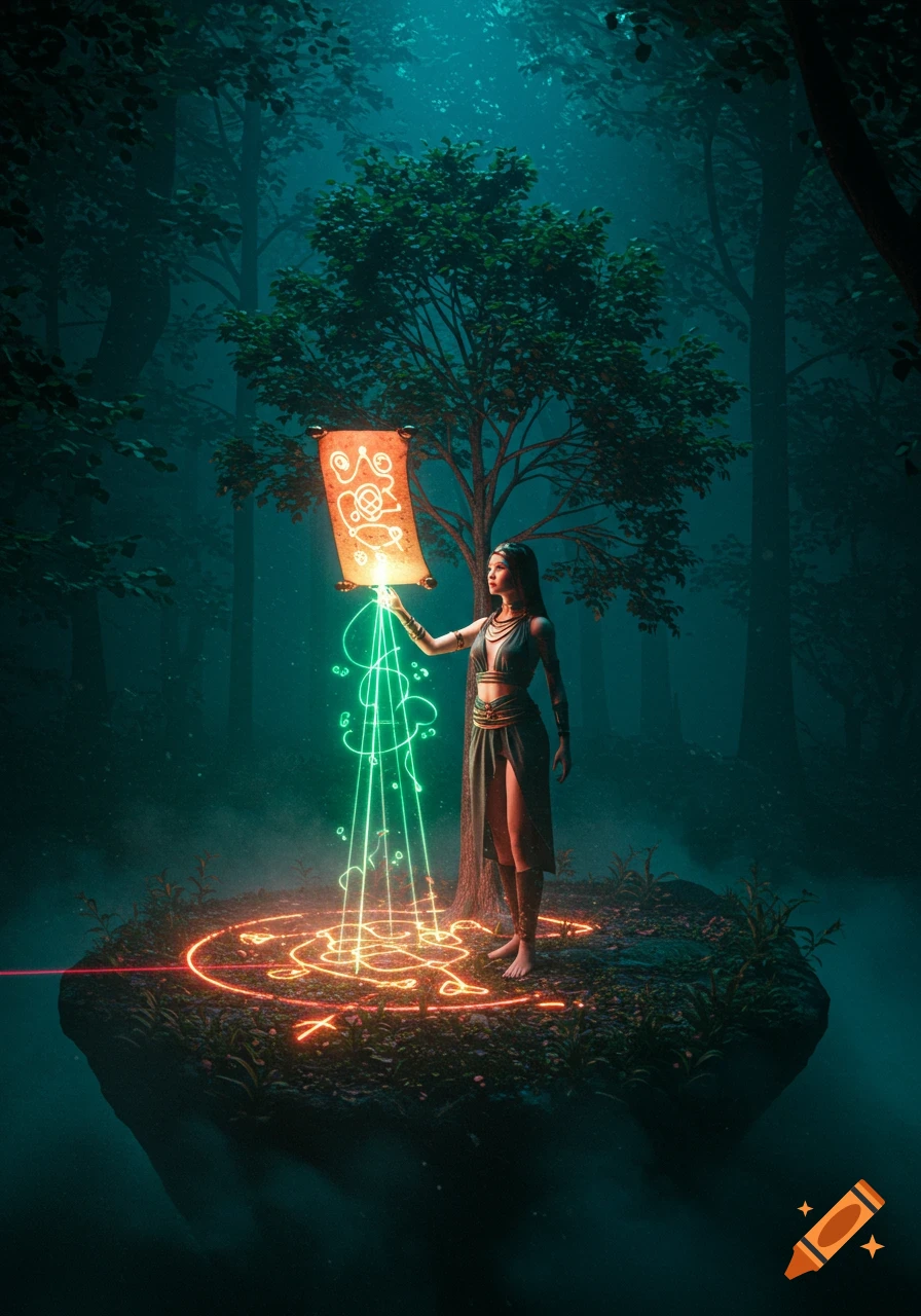 A sorceress performs a spell in a dark forest, holding an illuminated scroll with green light beaming down to an orange magic circle.