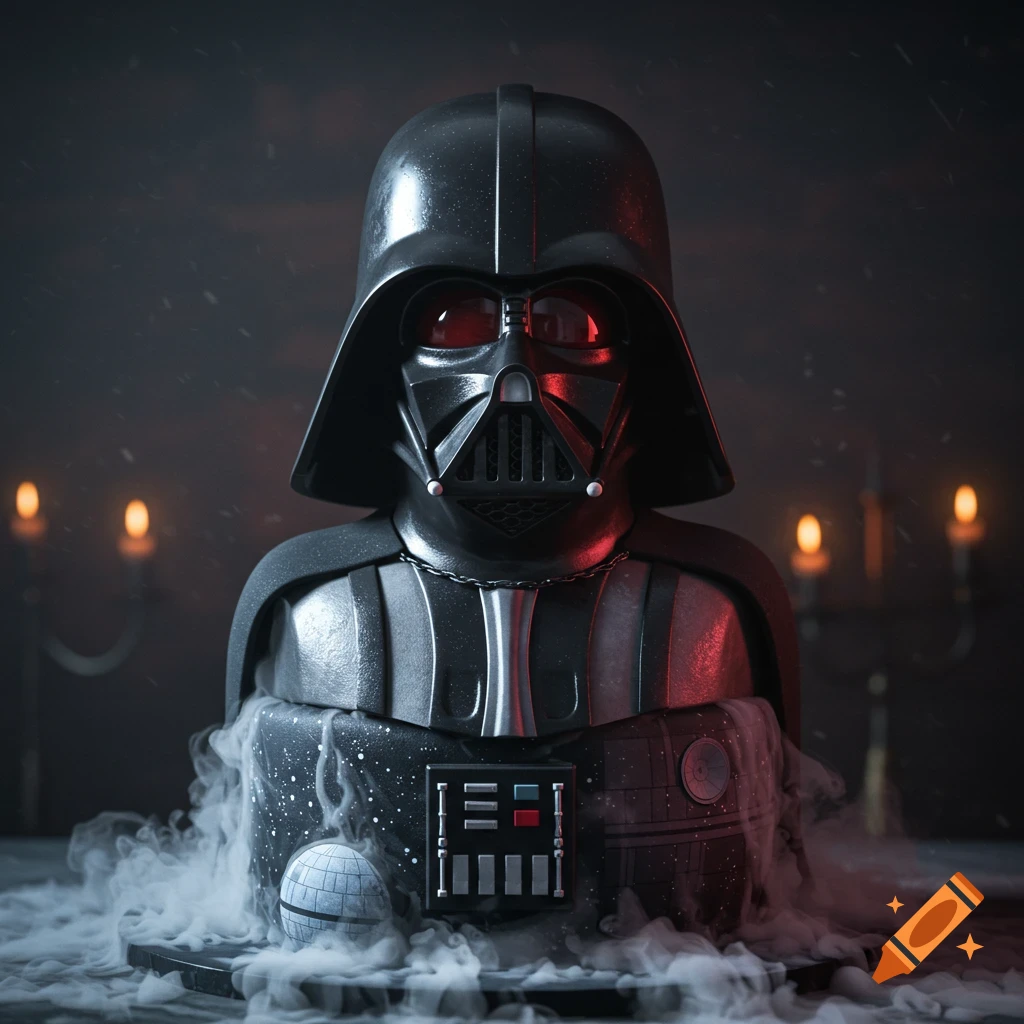 A detailed Darth Vader bust/cake surrounded by wisps of smoke and flickering candles in a dark, atmospheric setting.