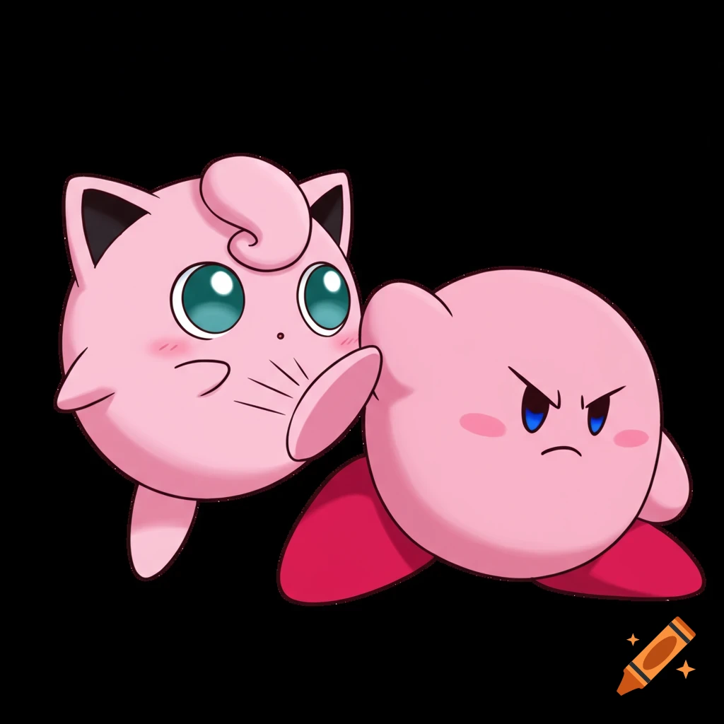 Jigglypuff kicks an angry Kirby in the face, drawn in a colorful anime style on a black background.