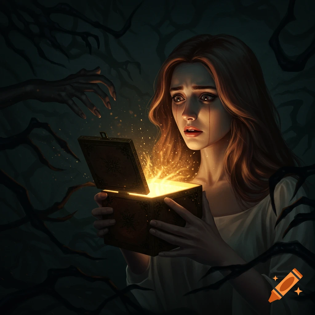 Distressed woman opens a glowing box, surrounded by dark shadowy tendrils in a fantasy illustration.