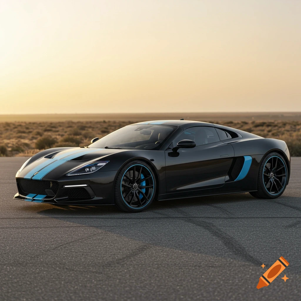 Black sports car with sky blue rally stripes and brake calipers on an asphalt road in a desert landscape at sunset.