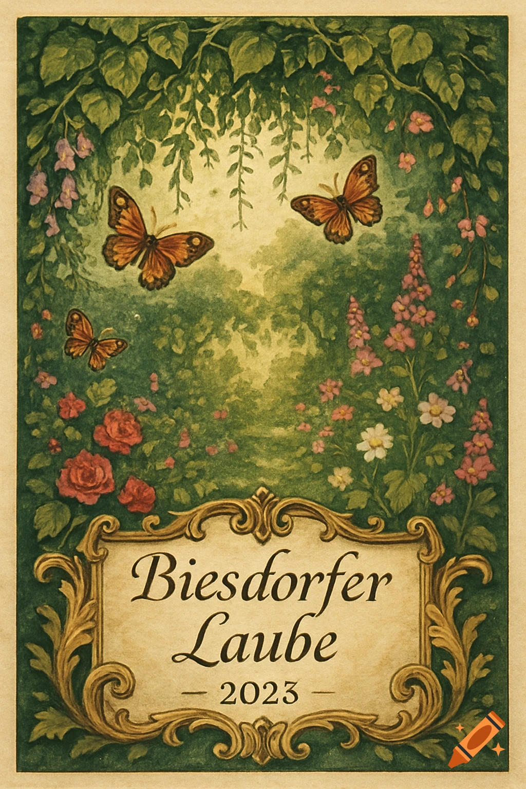 Watercolor illustration of a lush garden scene with green foliage, butterflies, pink and red flowers, and a framed label reading "Biesdorfer Laube 2023".