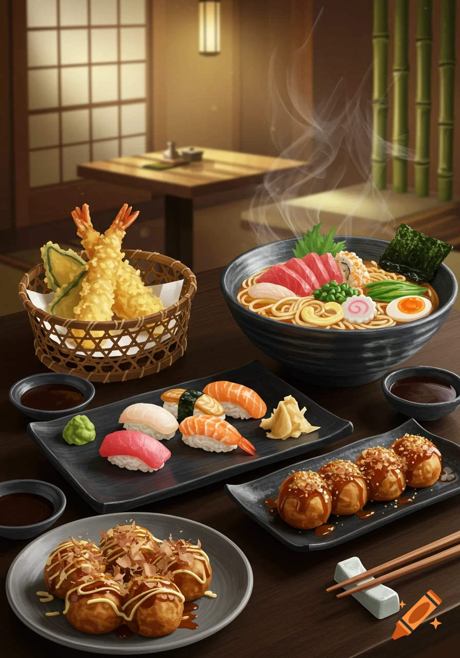 A table laden with Japanese dishes, including golden tempura, a steaming bowl of ramen, various sushi, and takoyaki, in a warm restaurant setting.
