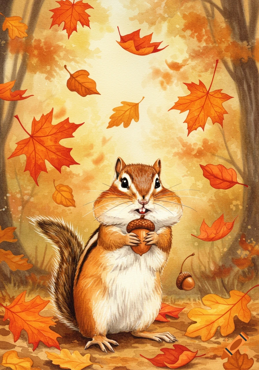 A detailed watercolor painting of a chipmunk holding an acorn, surrounded by falling orange and red autumn leaves.