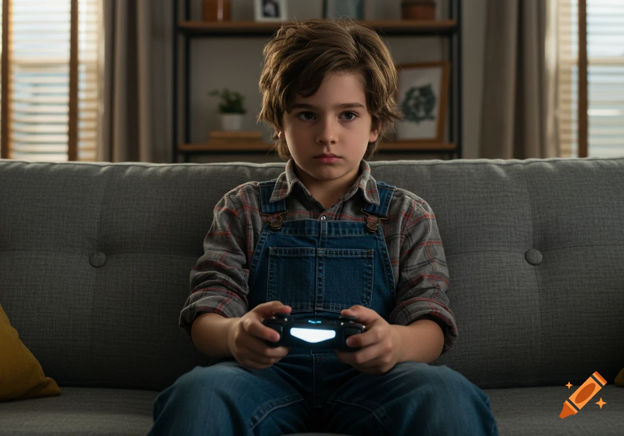 A young boy with tousled hair sits on a gray sofa, intently playing a video game with a glowing controller in a cozy living room.