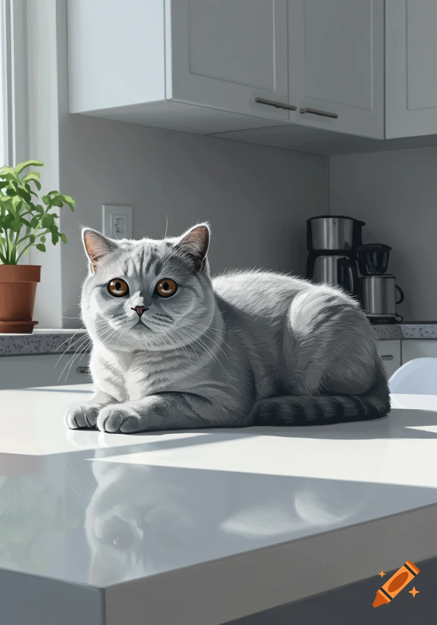 A gray British Shorthair cat lies on a white kitchen table in a brightly lit kitchen.