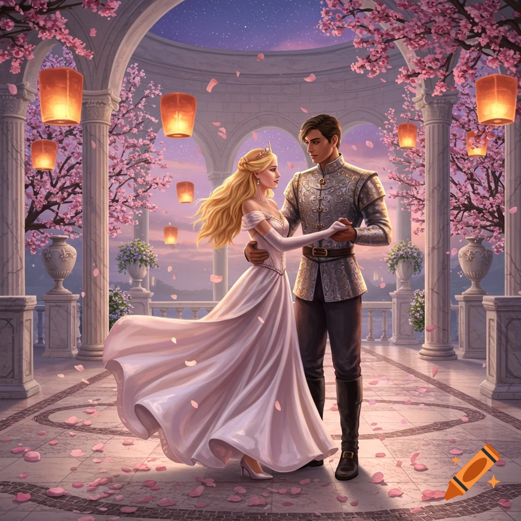 A beautiful princess in a white gown dances with her prince on a stone balcony under cherry blossoms and glowing lanterns at dusk.