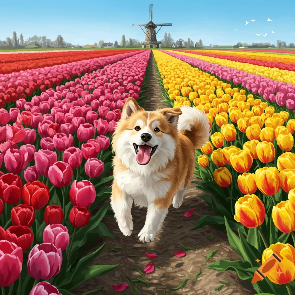 A playful fluffy dog runs through a vibrant tulip field with rows of pink and yellow flowers and a distant windmill, illustrated.