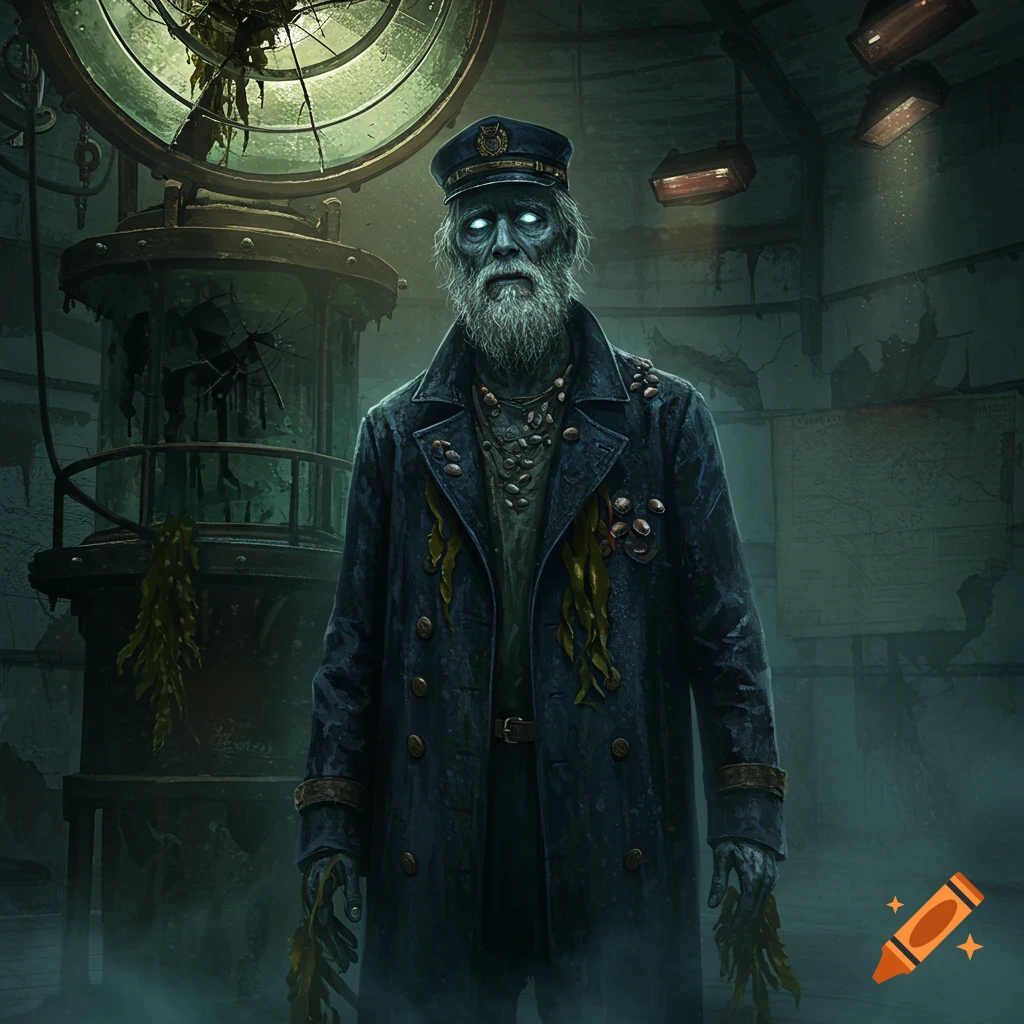 A ghostly old lighthouse keeper with glowing eyes, tangled beard, and barnacles on his coat stands in a dark, decaying lighthouse.