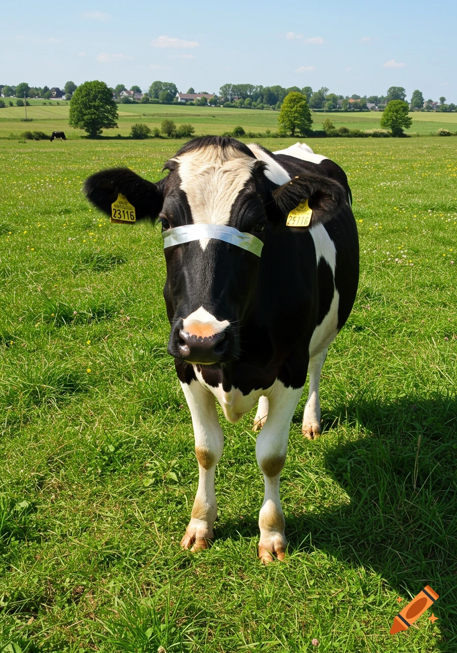 A black and white cow with silver tape over its eyes and yellow ear tags stands in a sunny green grassy field.