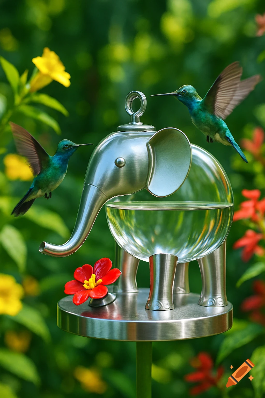 A photorealistic hummingbird feeder shaped like an elephant, made of glass and stainless steel, with two green hummingbirds flying around it in a lush garden.